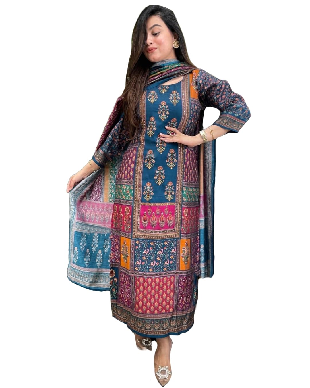Gosriki WomenS Silk Blend Printed Straight Kurta With Pant & Dupatta (Sula Multi-Gs_4Xl_Multicolor_Xxxx-Large)