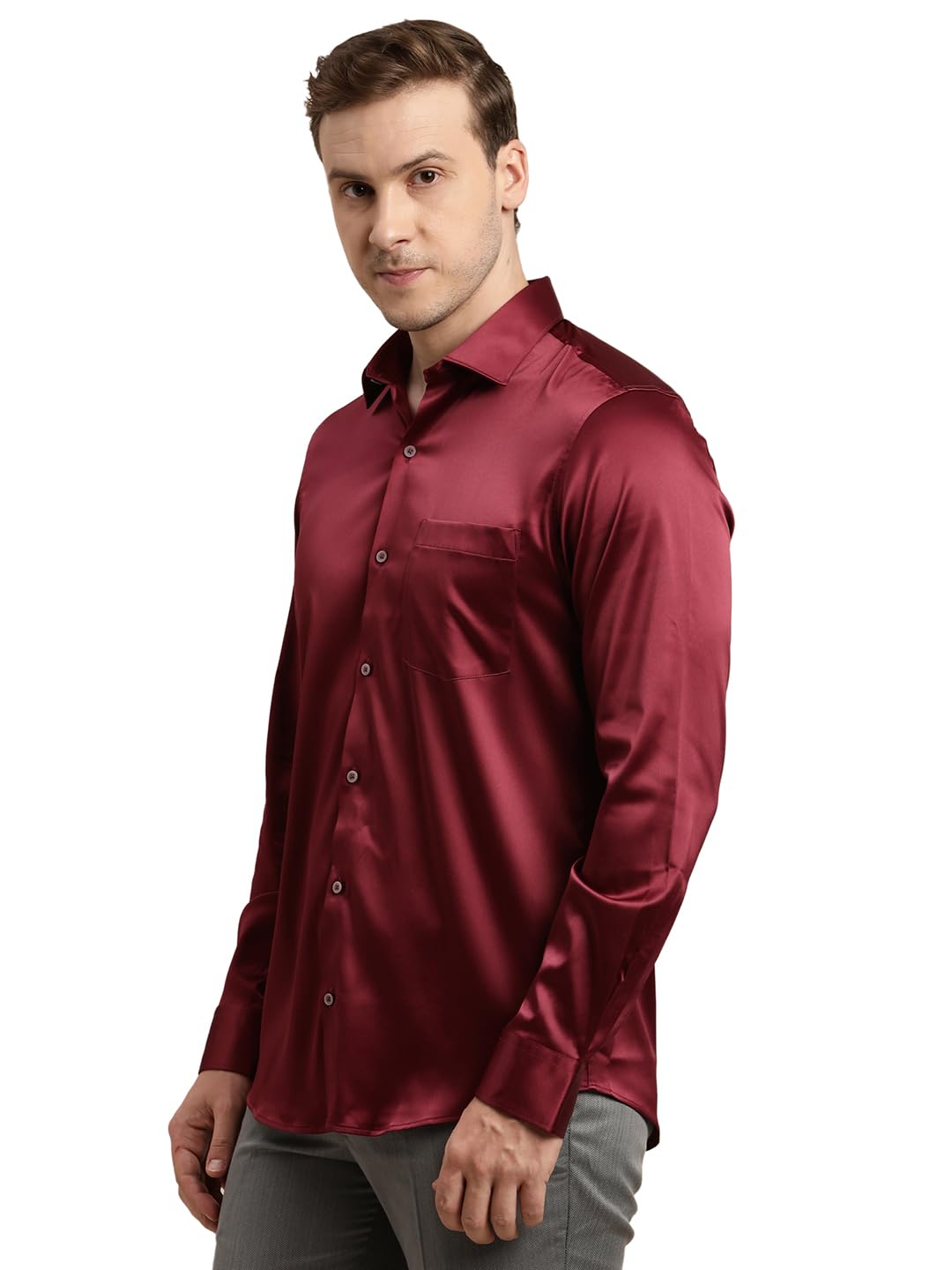Turtle Men Poly Satin Maroon Solid Slim Fit Full Sleeve Ceremonial Shirt