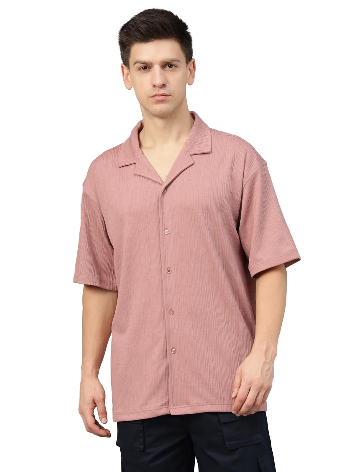 Veirdo Mens Poly Cotton Oversized Loose Baggy Fit Drop Shoulder and Print Design Men Textured Peach Camp Collar