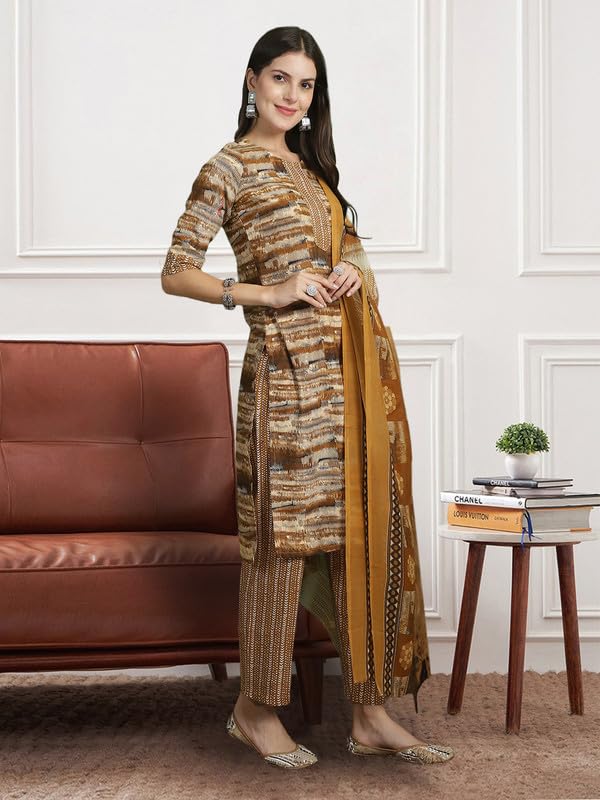 Pinkmint Women Kurta & Pant With Duppatta Set Cotton Straight Printed 3/4 Sleeve Kurti's