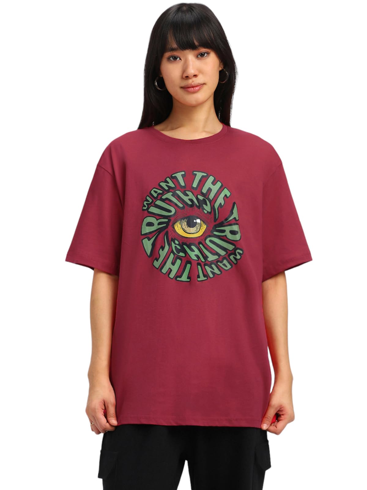 Juneberry Oversized Loose Baggy Fit Drop Shooulder Half Sleeves Pure Cotton Want The Truth Magenta Graphic Printed Cool Boyfrien