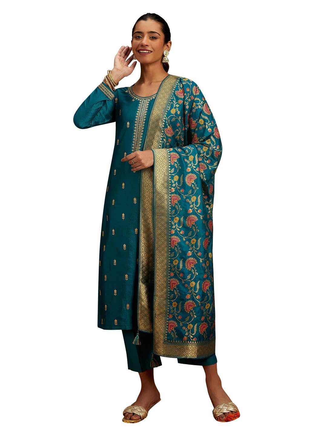 Libas WomenS Silk Blend Kurta Sets (48060_Teal
