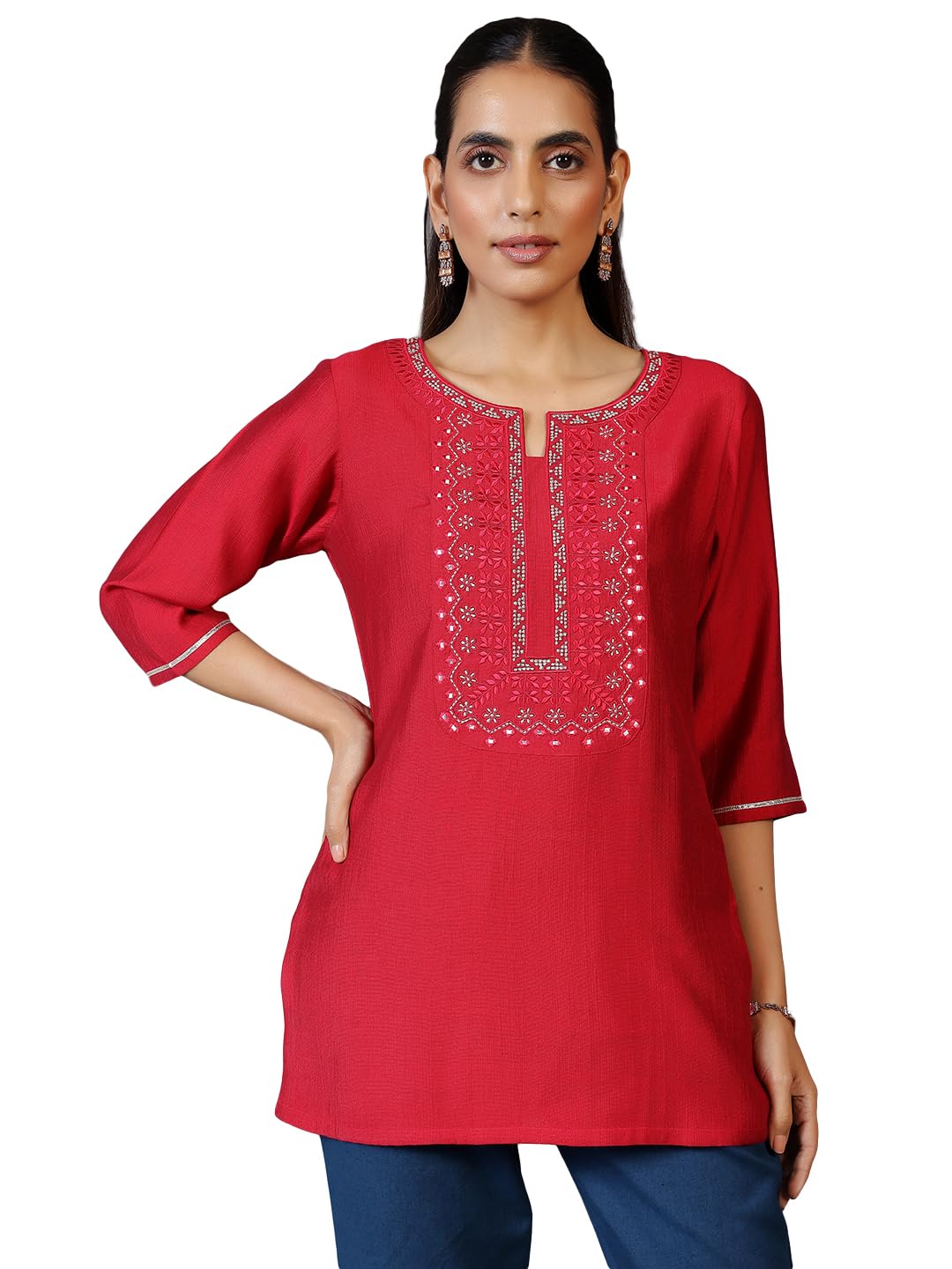 Libas WomenS Silk Blend Embroidered Straight Kurtis (26887_Pink