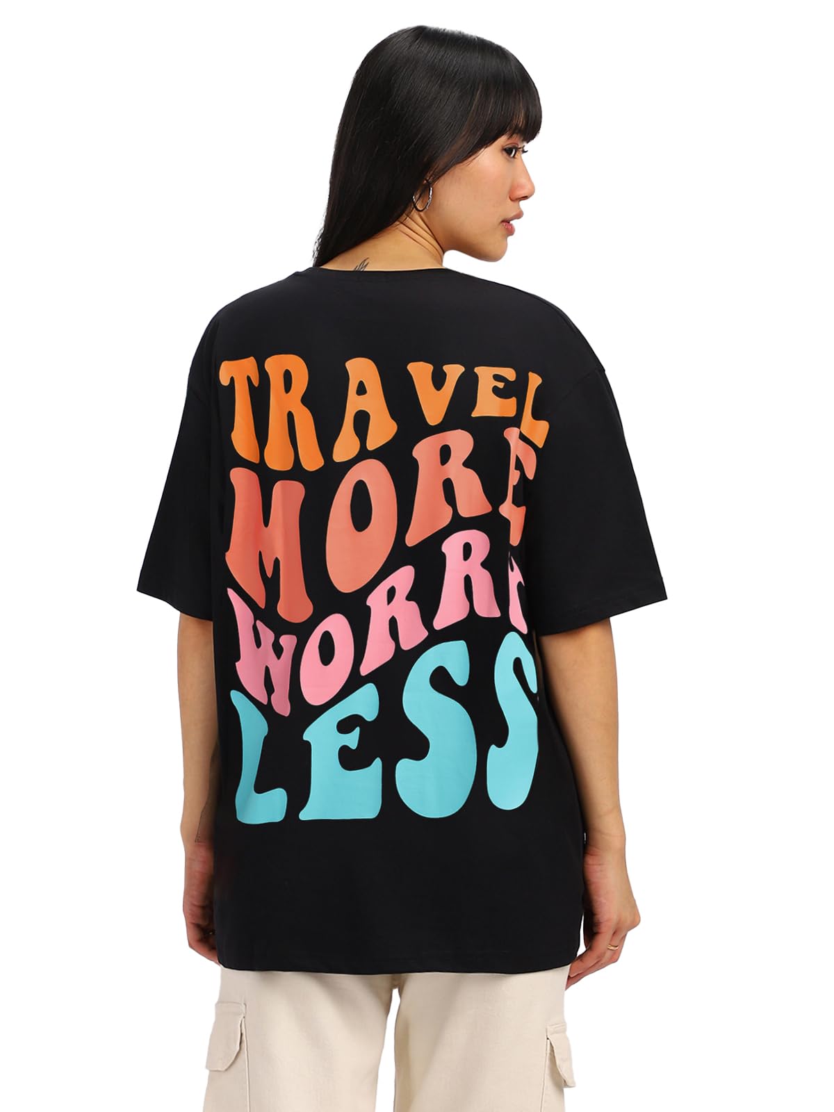 Juneberry Round Neck Drop Shoulder Black Back Graphic Printed Pure Cotton Oversized T-Shirt For Women/Girls (Gl_Os_Trvmrwrls_Bk_