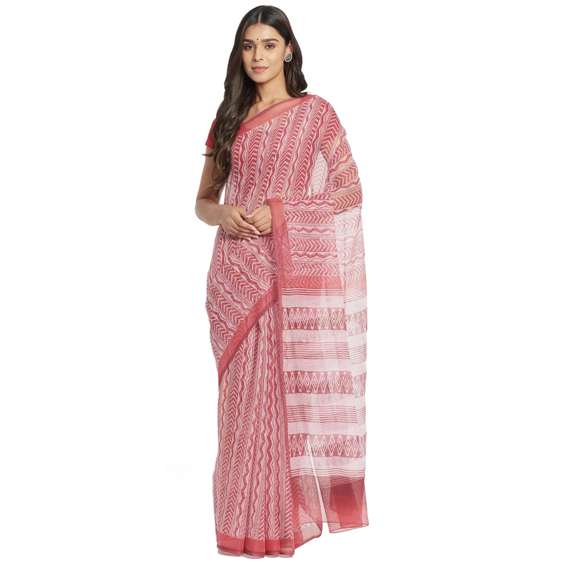Fabindia Women Zag Striped Hand Block Printed Cotton Silk Sari Zig_Freesize