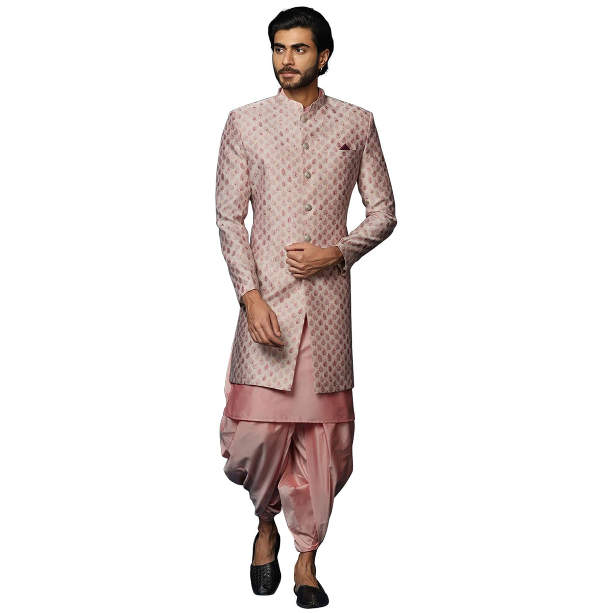 Kisah MenS Cream Indo-Western Kurta Sherwani Dhoti Set Cotton Full Sleaves, Knee Length, Straight, Regular Fit, Mandarin Collar