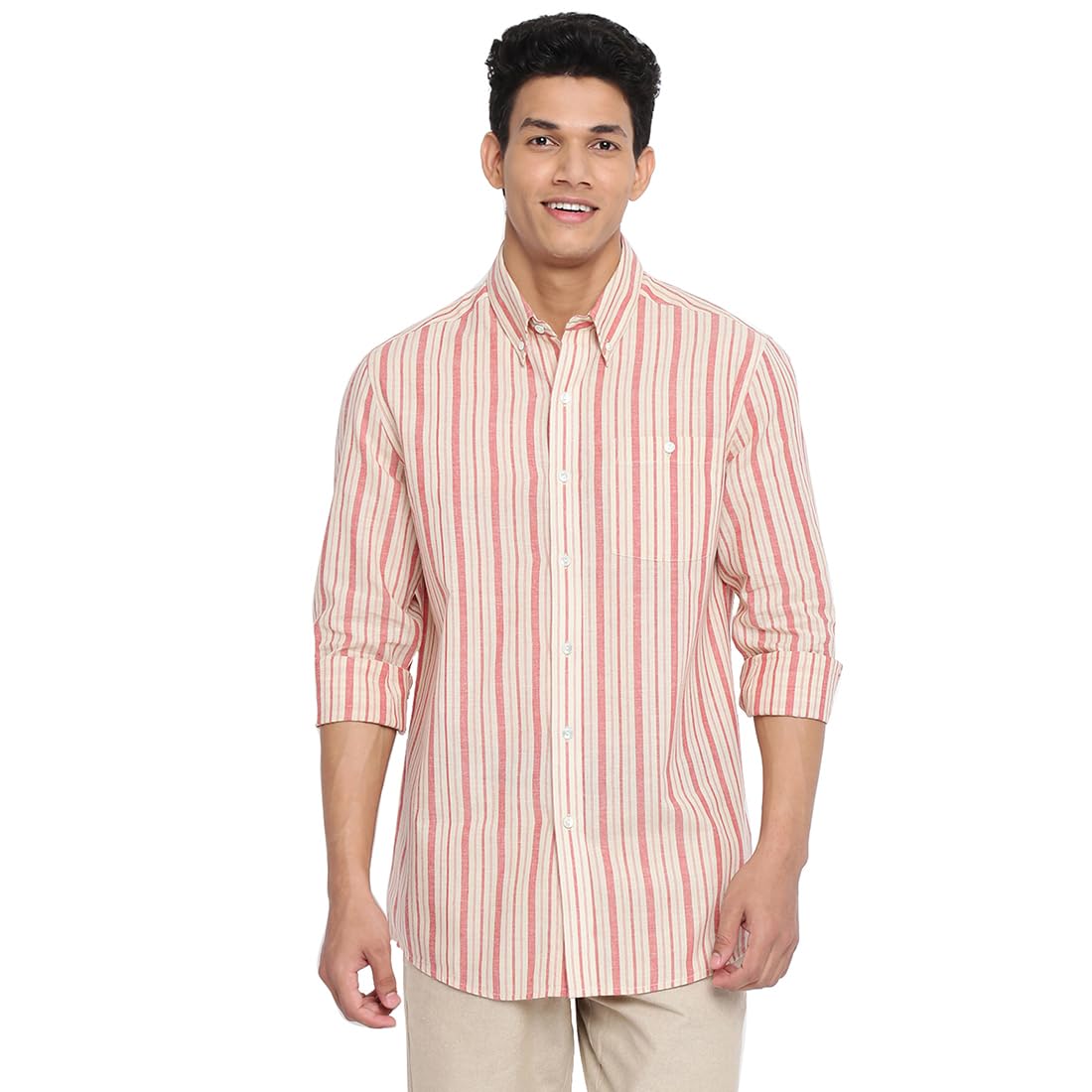 Fabindia Men Cotton Striped Shirt Neutral_S Ecru