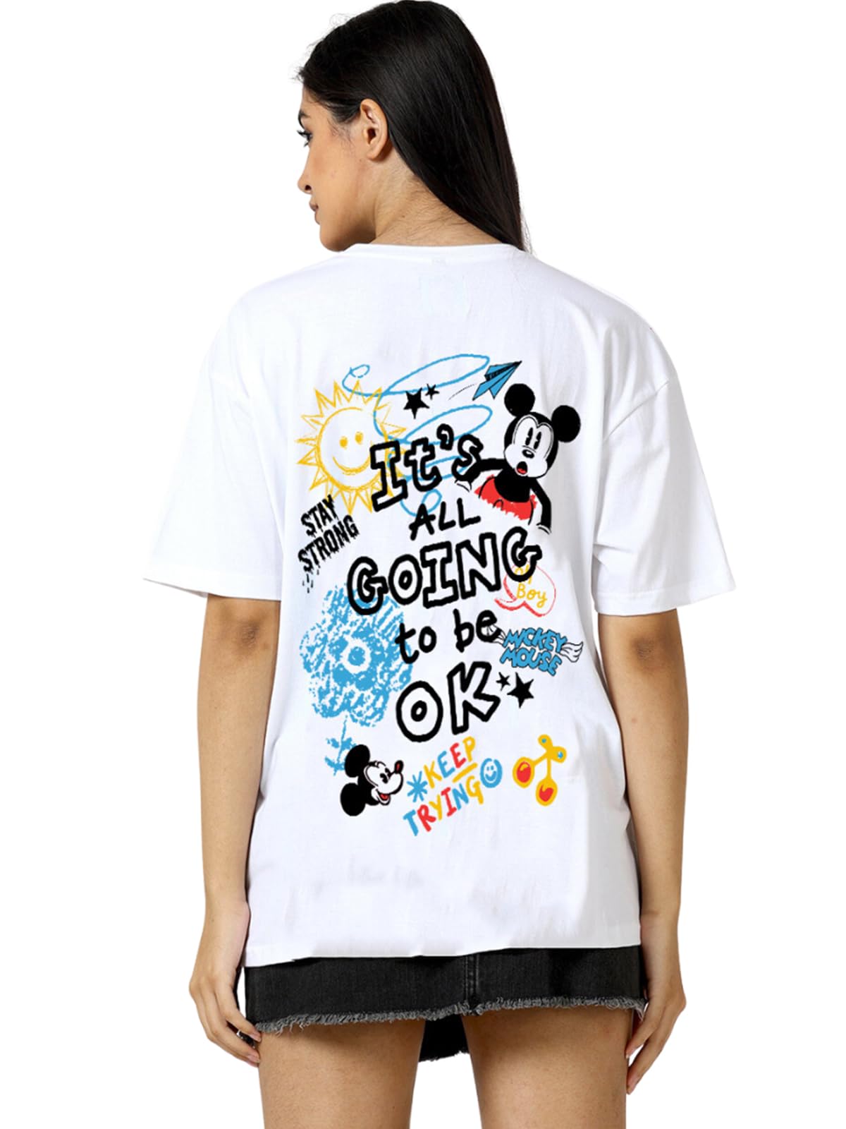 Veirdo Womens Oversized Fit Cotton Disney Mickey Mouse Typographic Back Printed Short Sleeve T-Shirt Women