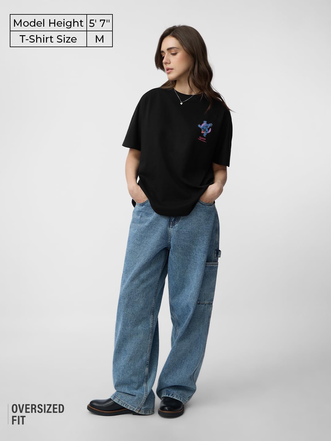 The Souled Store Lilo & Stitch: Out of This World Women and Girls Short Sleeves Round Neck Black Graphic Printed Cotton Oversize