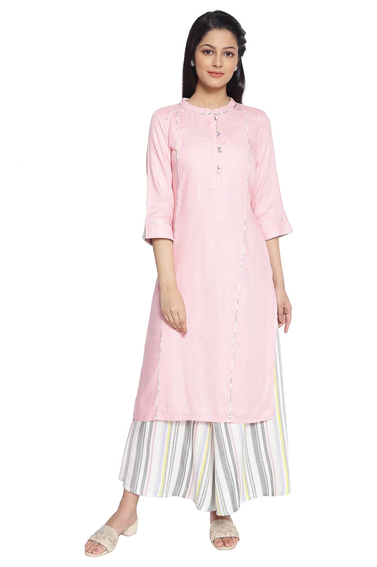 Aurelia Womens Viscose Baby Pink Geometric Band Collar Straight Kurta