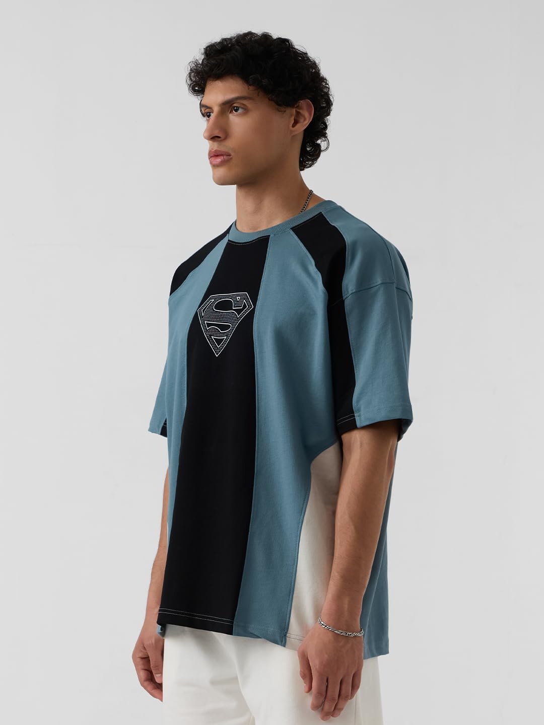 The Souled Store Superman: Pixel Logo Men and Boys Short Sleeves Round Neck Black Graphic Printed Cotton Oversized T-Shirts