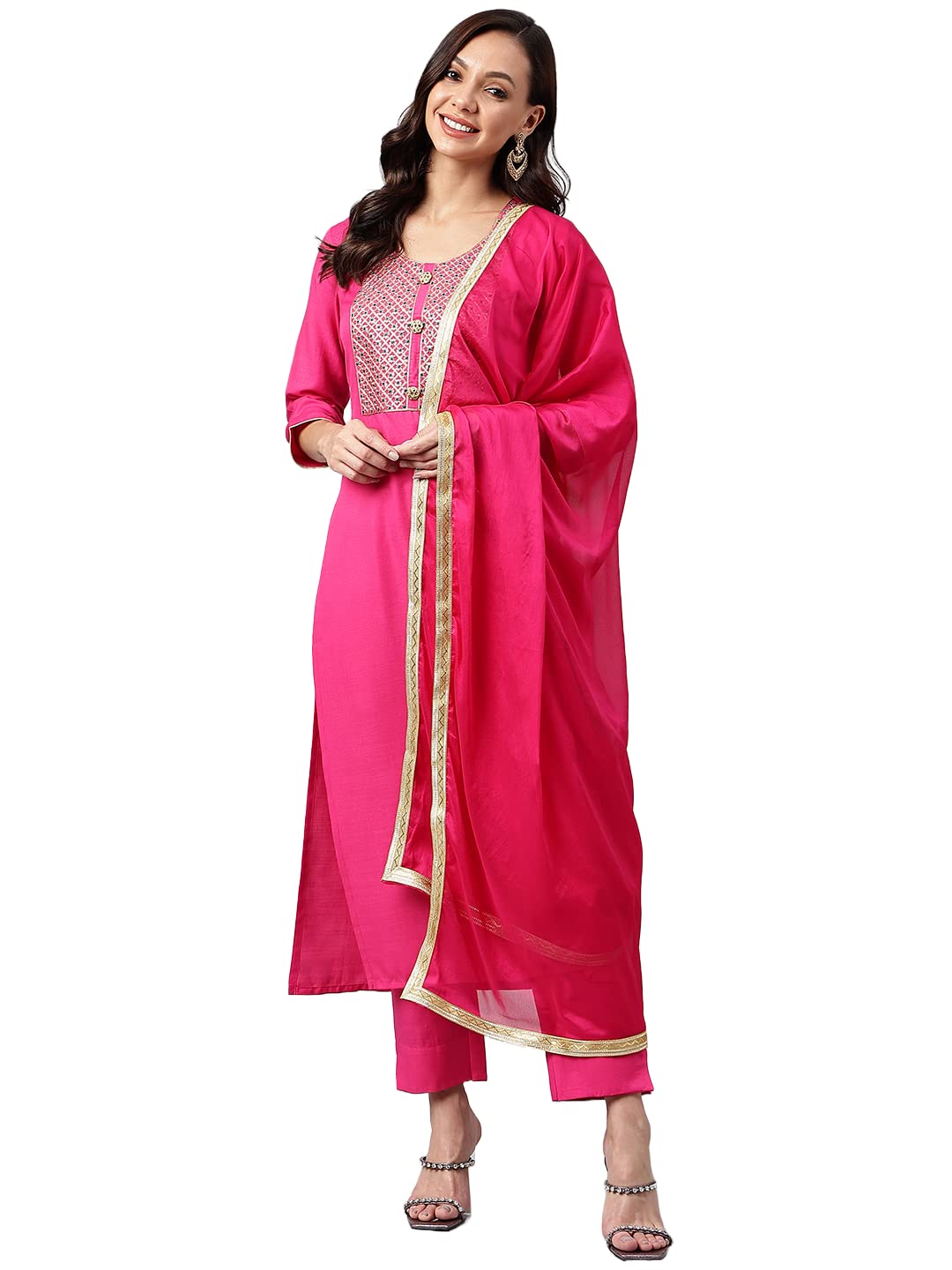 ANNI DESIGNER Womens Cotton Blend Embroidered Straight Kurta with Pant & Dupatta (Lissy STY) Pink