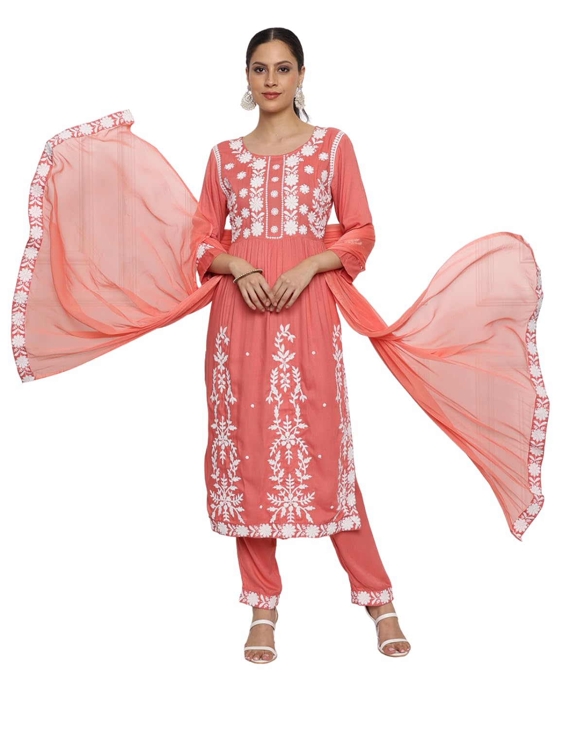 Kaari WomenS Chikankari Kurta Set With Dupatta - A-Line Fit | Chiffon Dupatta With Embroidered Band | Straight Pant With Side P