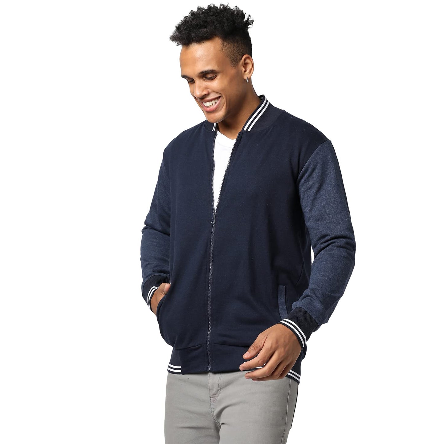 Campus Sutra Mens Navy Blue Zip-Front Jacket with Contrast Striped Hem for Casual Wear | Low-High Neck | Long Sleeve | Zipper C