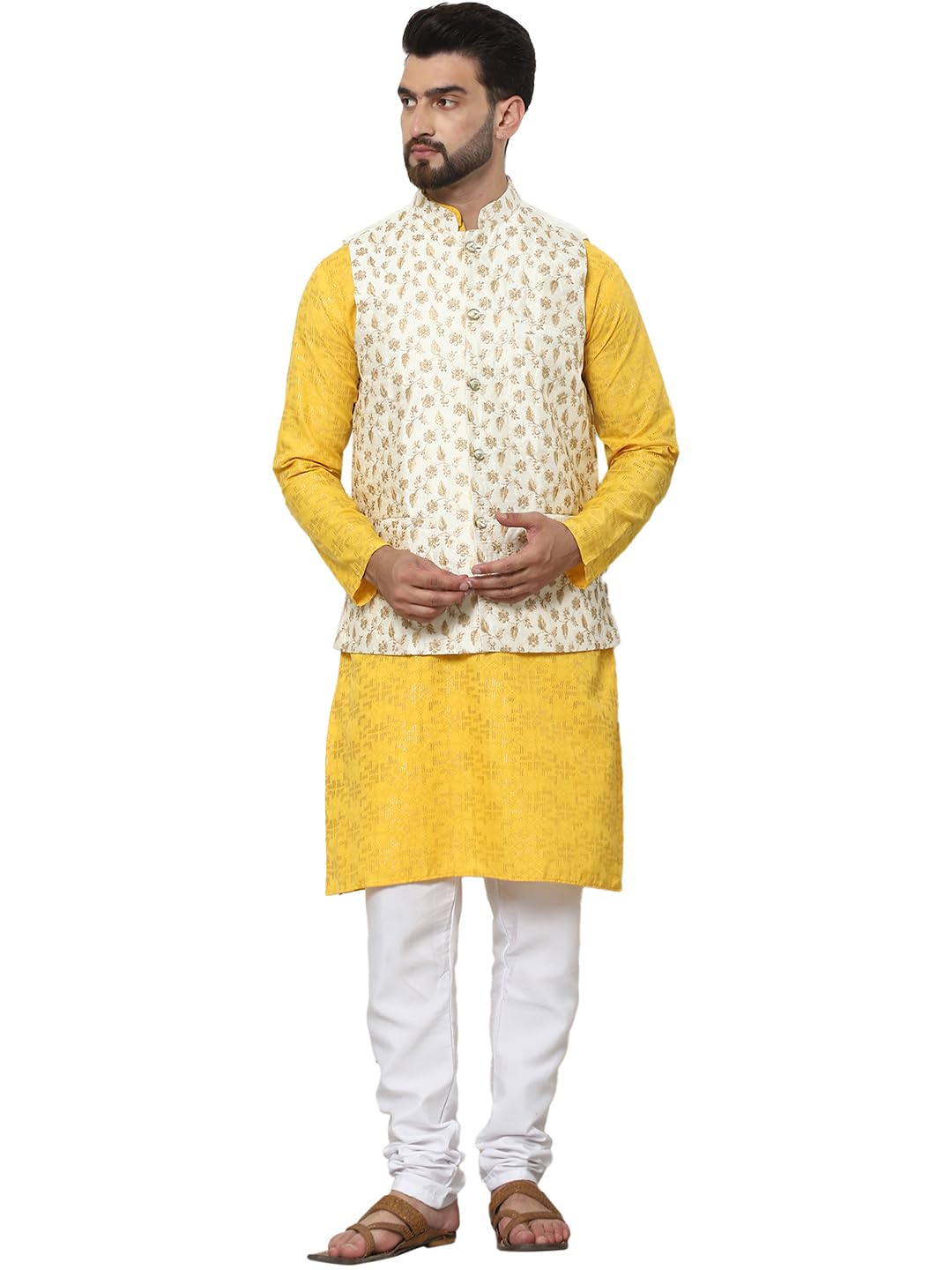 SOJANYA (Since 1958 Men's Cotton foil printed Mustard Kurta and White Pyjama With Embroidered Cream Nehru Jacket
