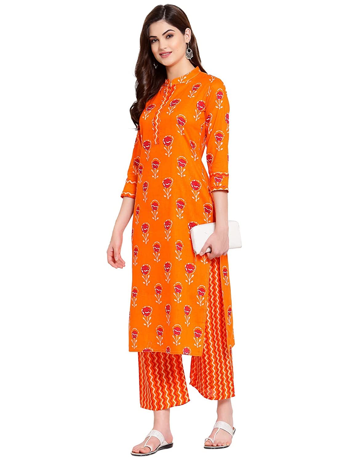 ANNI DESIGNER Women's Cotton Blend Kurta with Pant (KPT-COT-10033-ORANGE_Khaki_XX-Large)