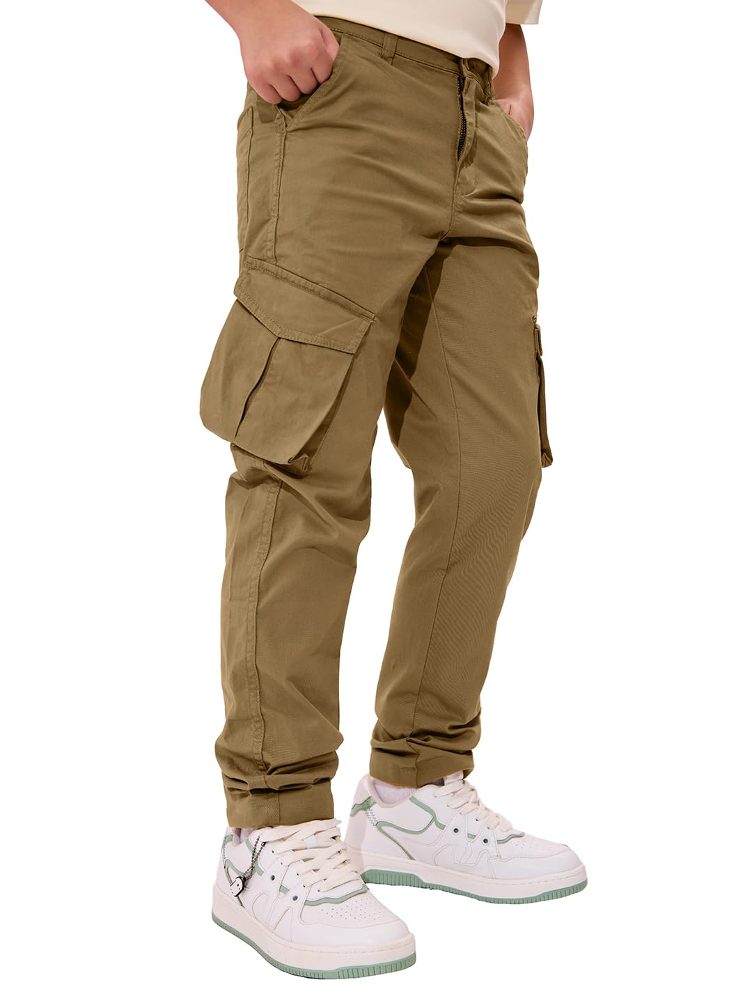The Souled Store Solids: Dark Beige Young Boys Buttoned Straight Fit Cotton Cargo Pants