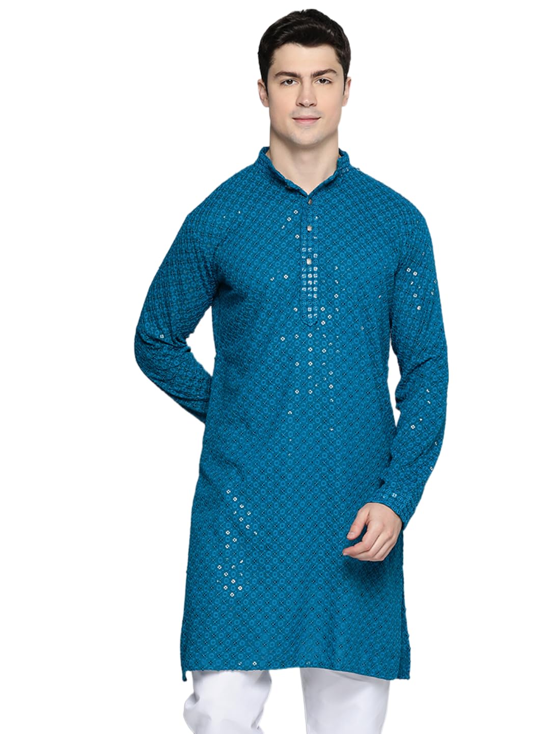 Jompers Mens Peacock Chikankari Embroidered And Sequence Kurtas
