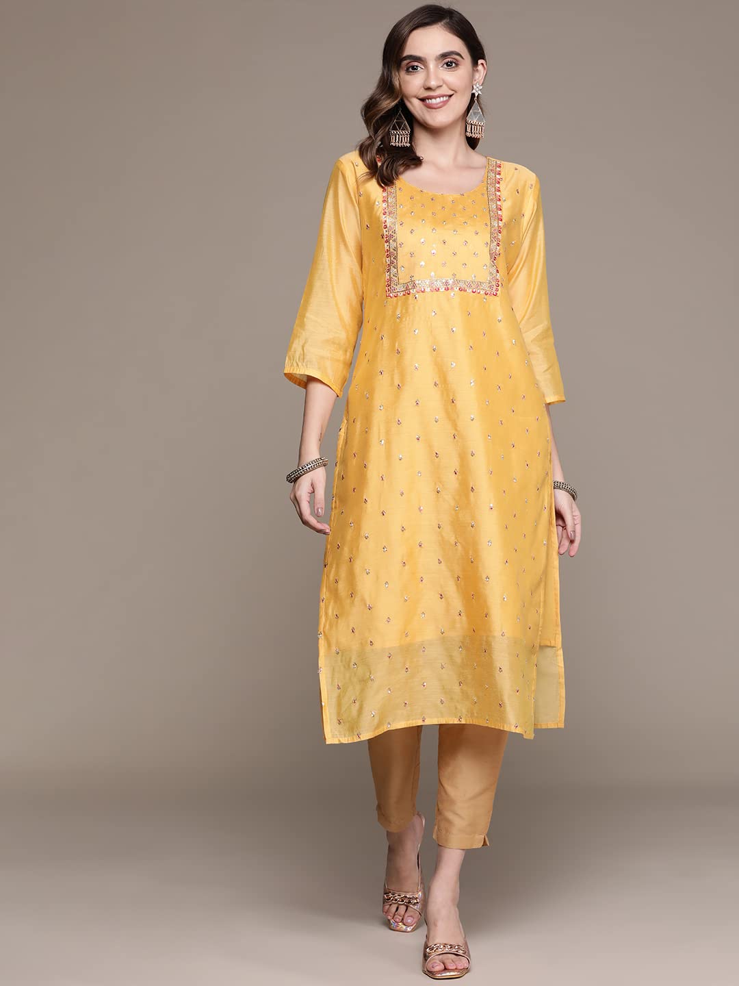 anubhutee Women's Silk Yellow Zari Work Ethnic Motifs Embroidered Straight Kurta