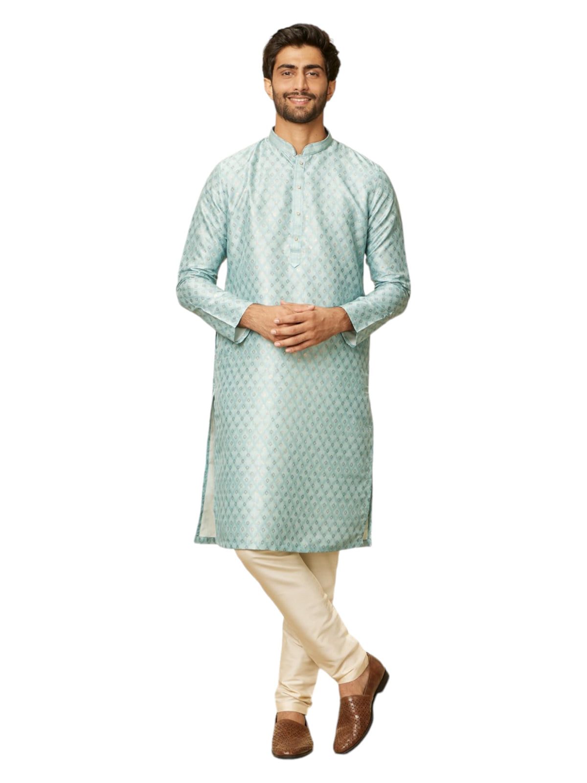 Manyavar Mens Green Art Silk Self Design Kurta Pyjama Set