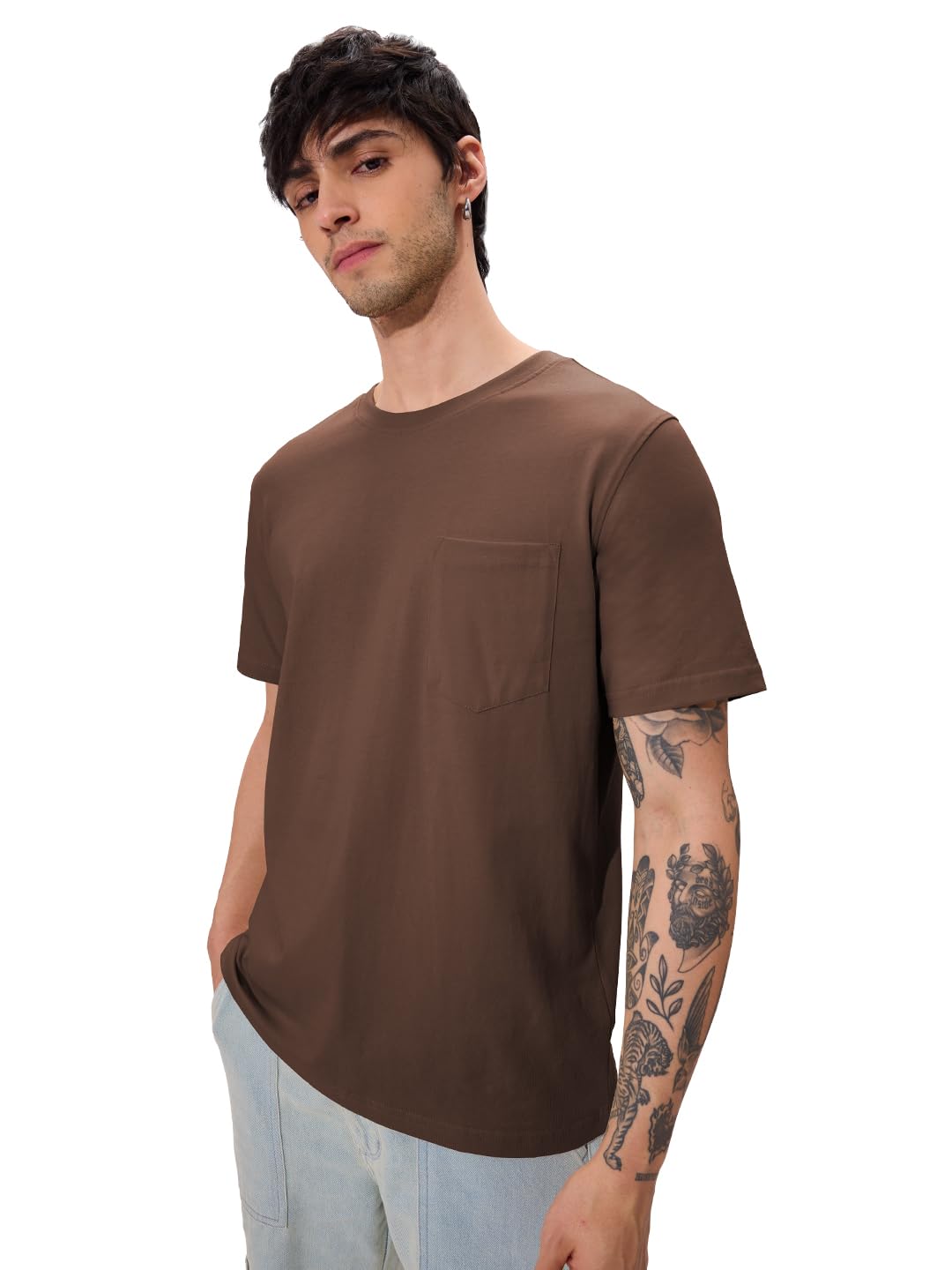 The Souled Store Solids: Cinnamon Brown Men and Boys Short Sleeves Round Neck Regular Fit Cotton T-Shirts