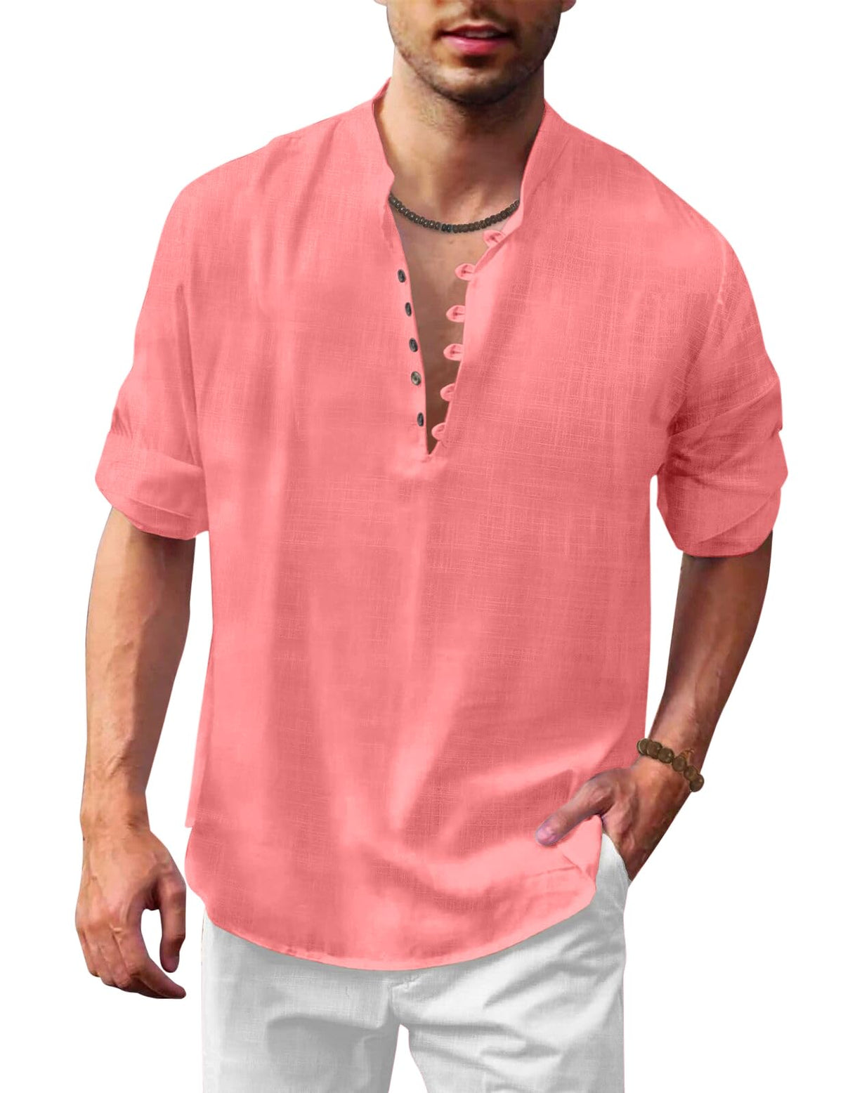 ROYALSCOUT Mens Solid Cotton Blend Straight Kurta Shirt | Regular Fit Full Sleeve Short Kurta Peach