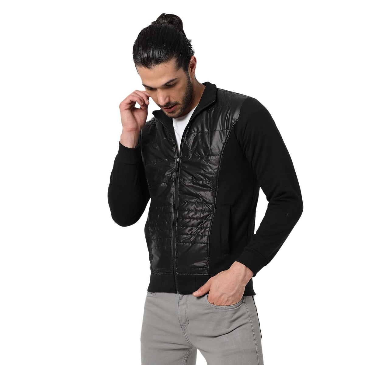 Campus Sutra Mens Black Solid Vegan Leather Regular Fit Bomber Jacket For Winter Wear | Standing Collar | Full Sleeve | Zipper