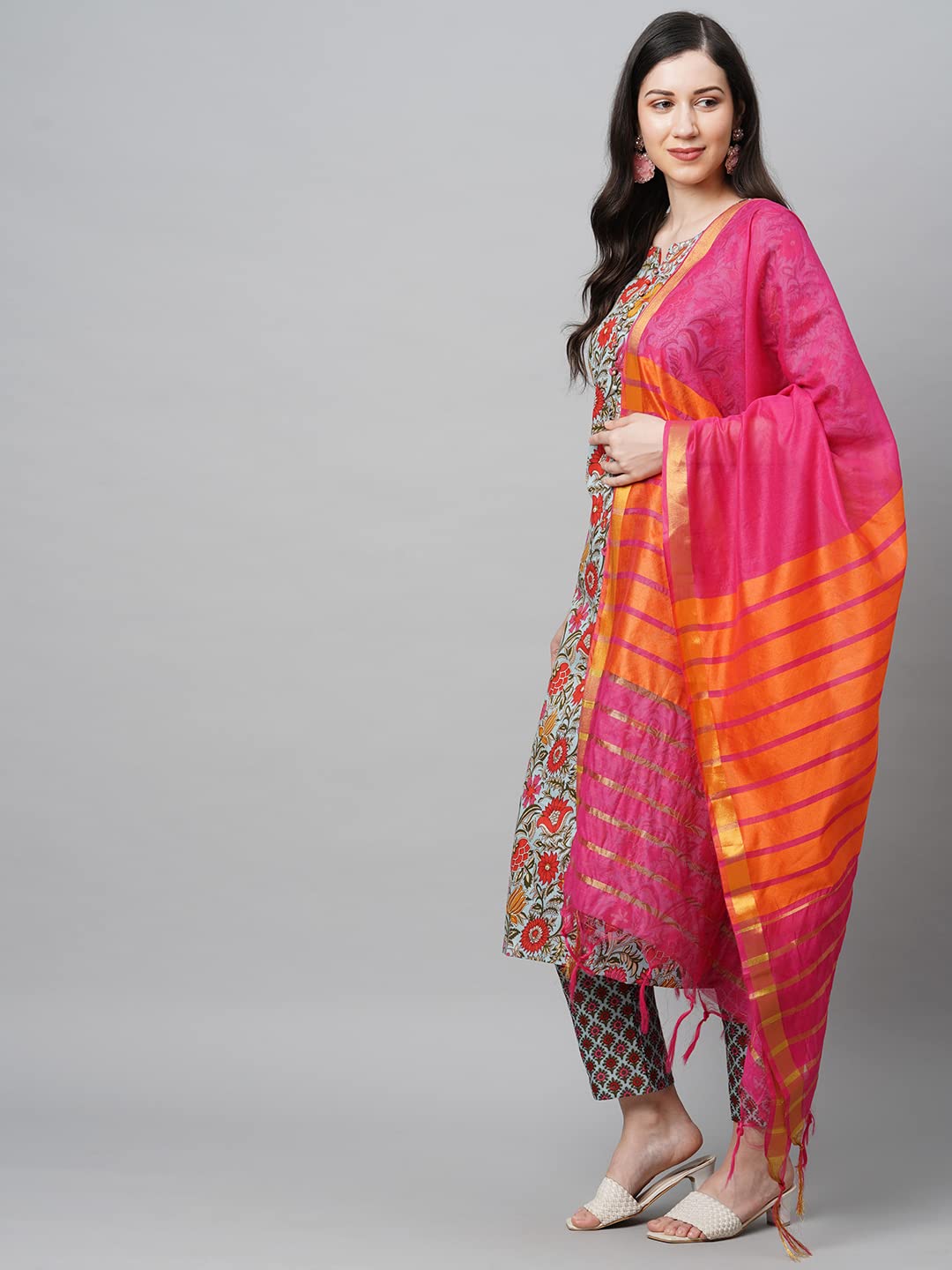 ANNI DESIGNER Women's Cotton Blend Straight Printed Kurta with Pant & Dupatta Set (Jakar-NW)
