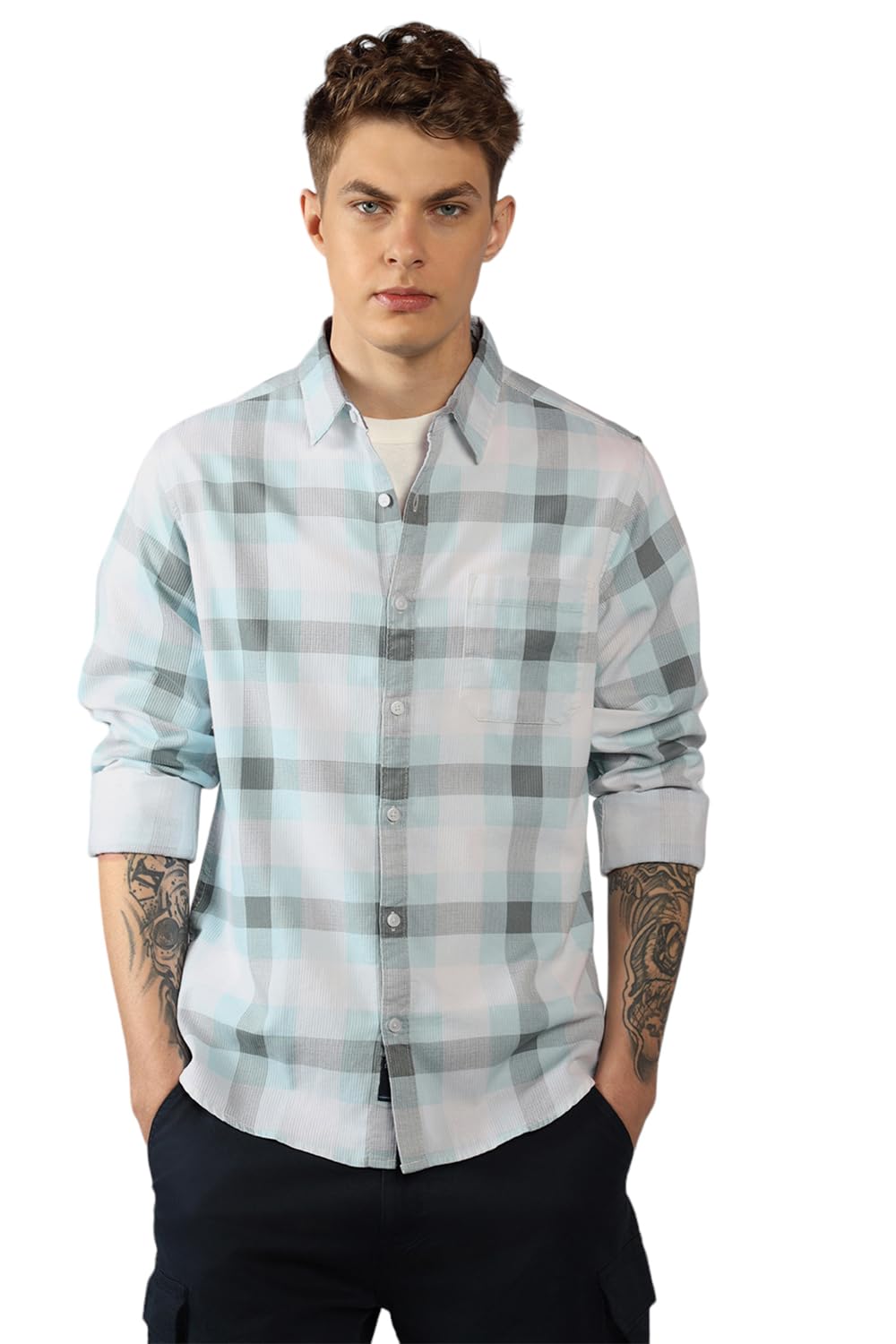 Dennis Lingo MenS| Blue| Full Sleeve| Spread Collar| Checkered| Regular Fit| Casual Shirt