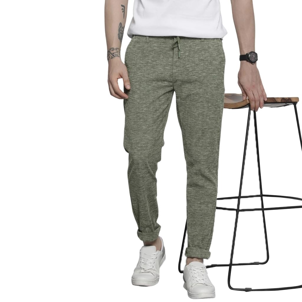 The Indian Garage Co Men Slim Fit Solid Mid-Rise Jogger Trousers Olive