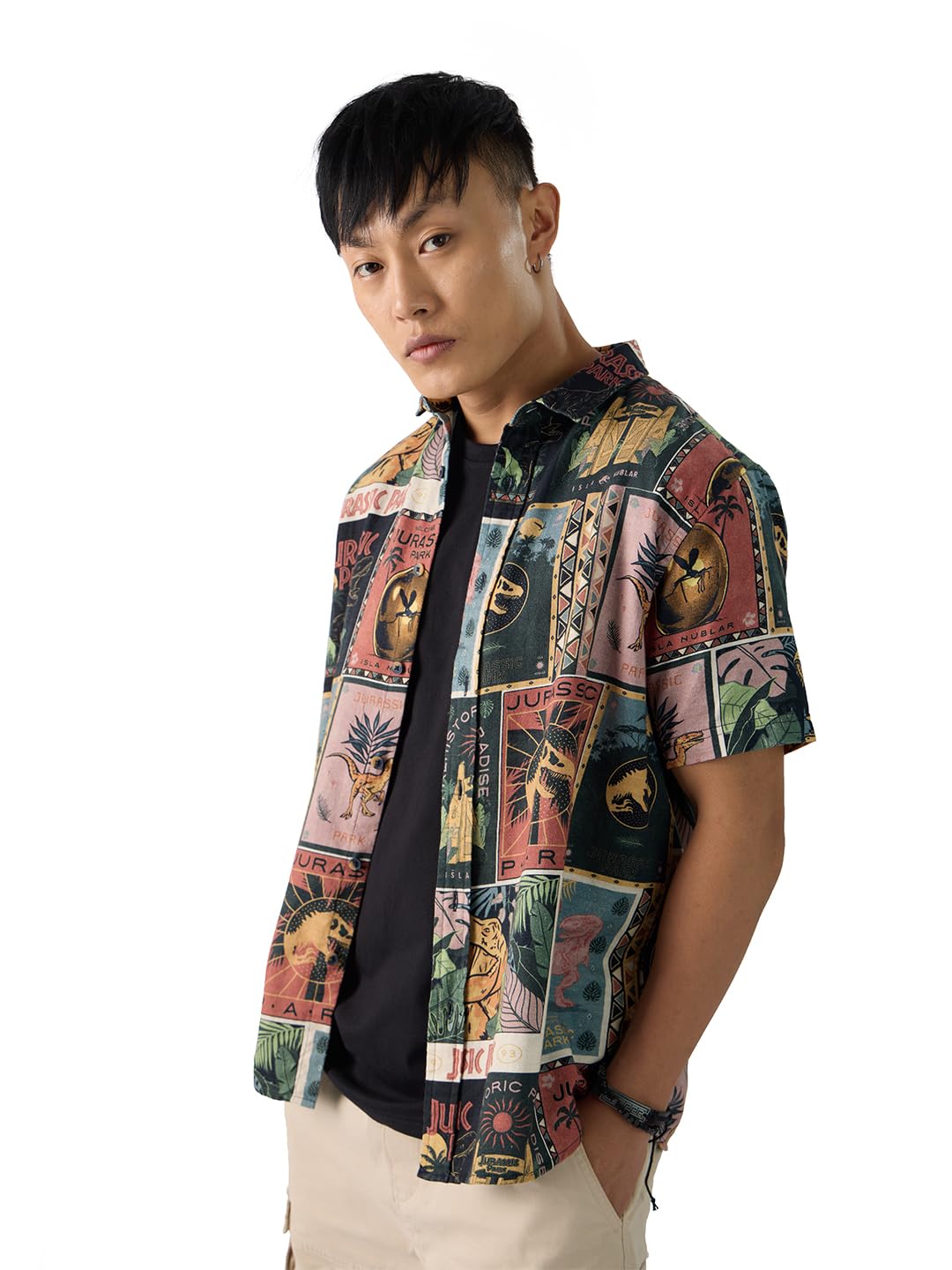 The Souled Store Official Jurassic Park: Dino Welcome Men and Boys Short Sleeves Collared Neck Button Front Multicolor All Over