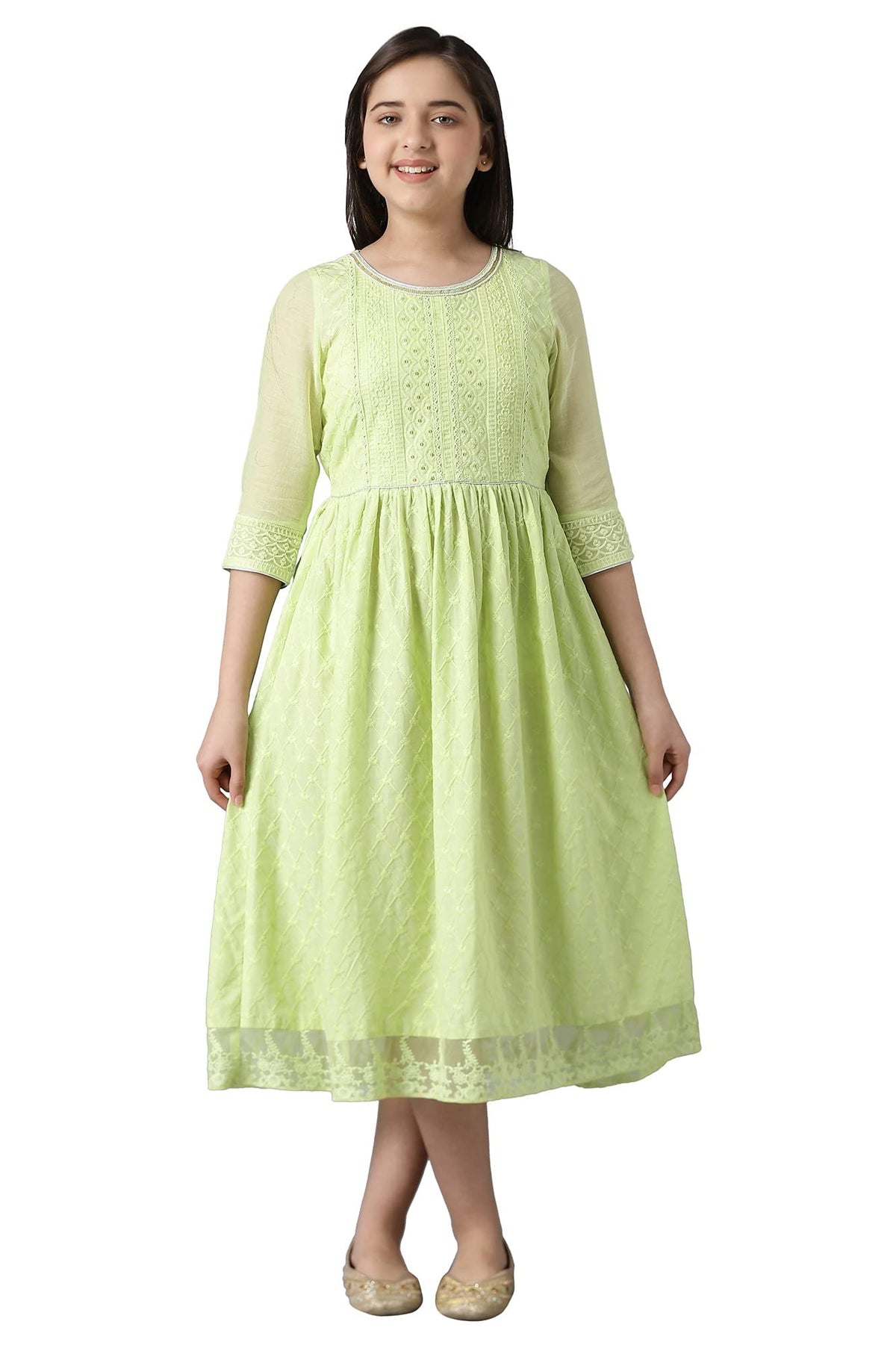 Aurelia Cotton Blend Girls Green Sequinned Flared Schiffli Dress Knee