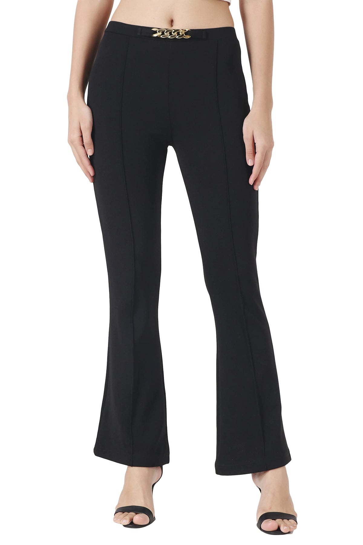 POPWINGS Solid Full-Length Polyester Regular-Fit Trouser Pants for Women for Casual and Semi Formal Wear Black