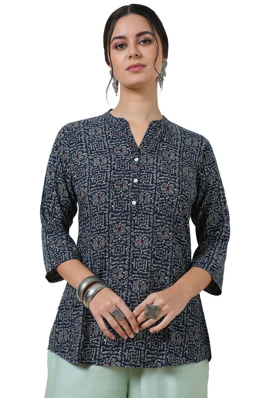 Soch Womens Navy Blue Foil Print Rayon Slub Tunic