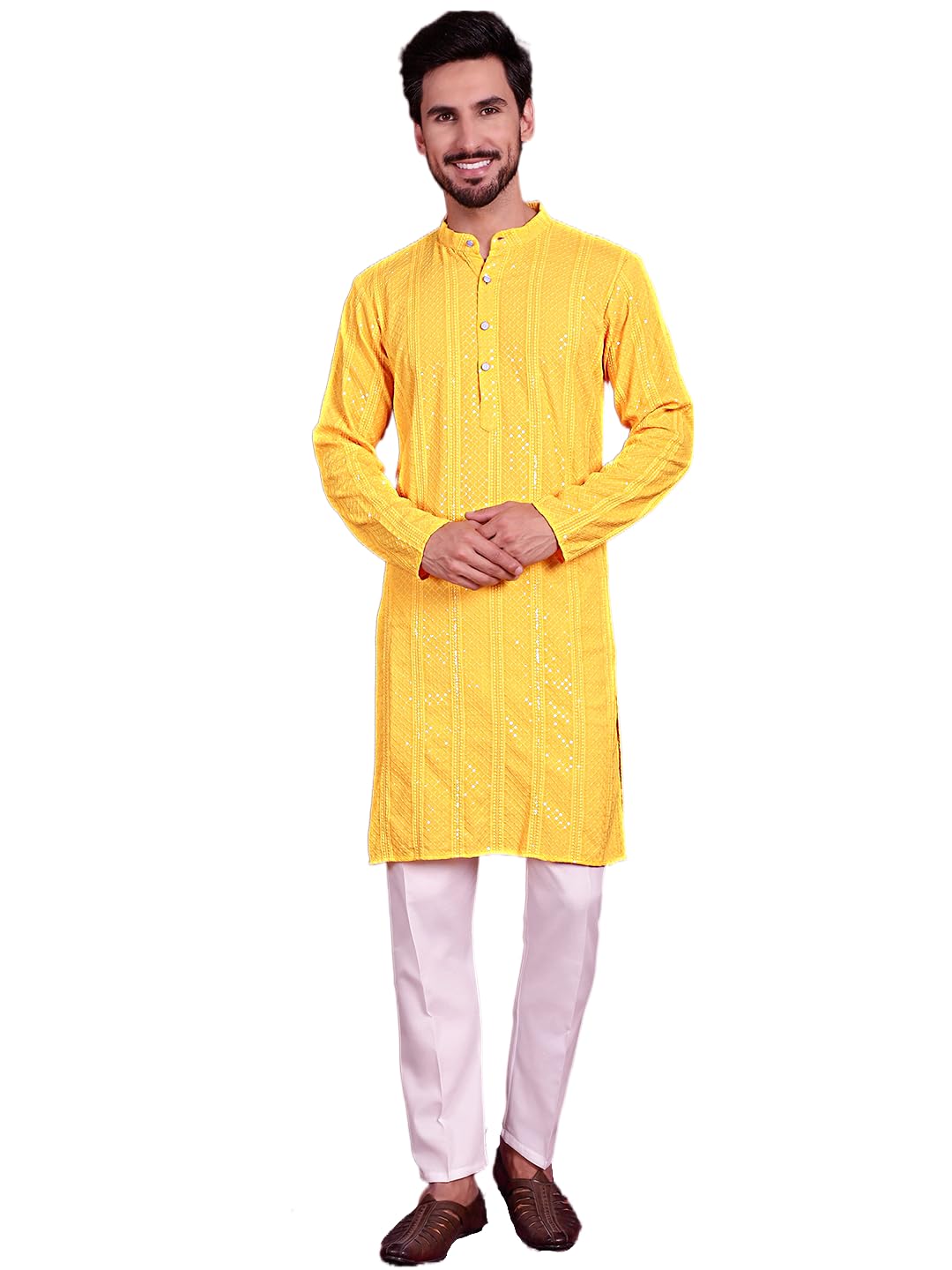 Jompers Mens Sequins Chikankari Embroidered Kurta Pyjama Set