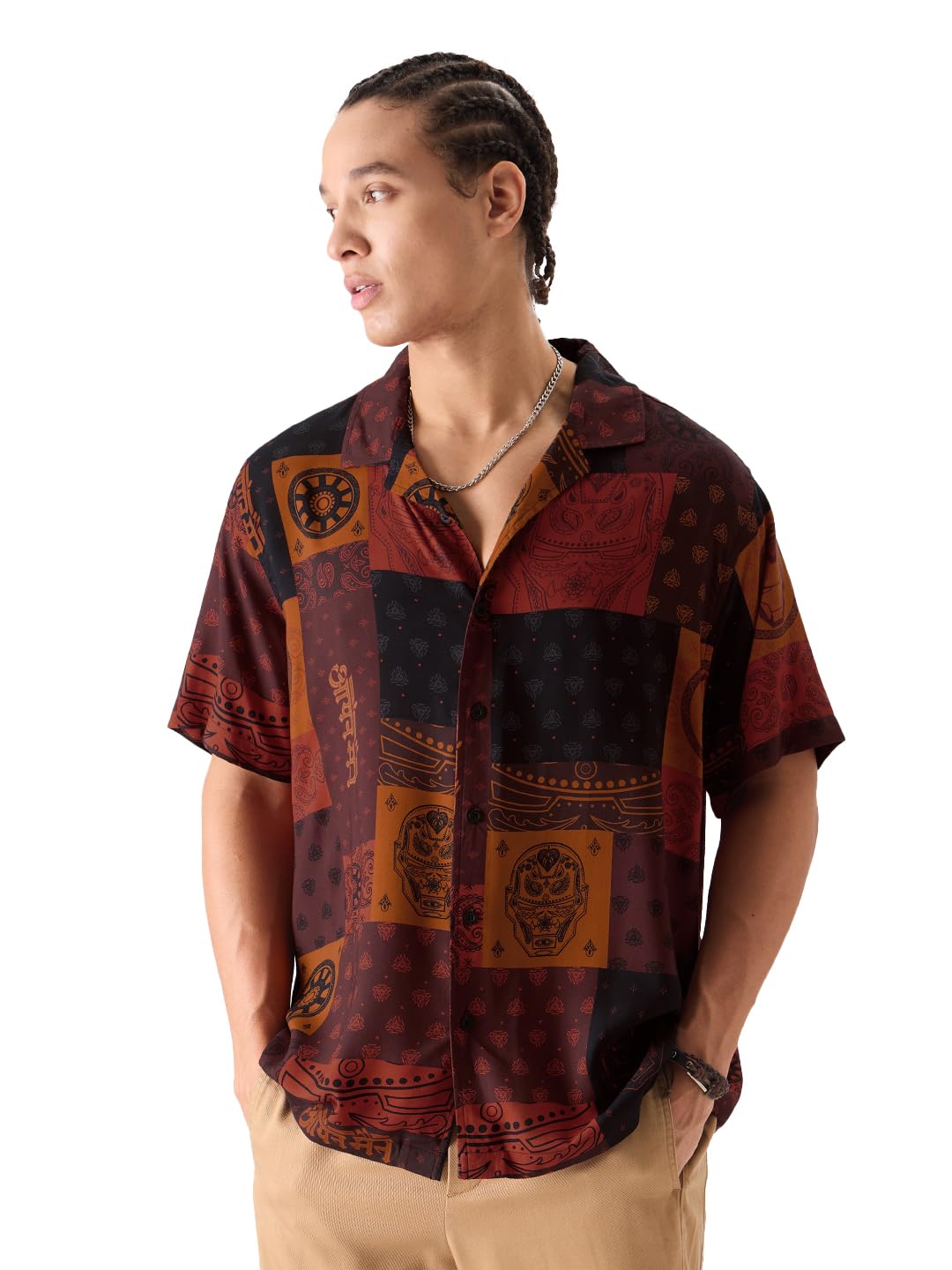 The Souled Store Official Iron Man: Pattern Men and Boys Short Sleeves Collared Neck Button Front Red All Over Printed Regular F