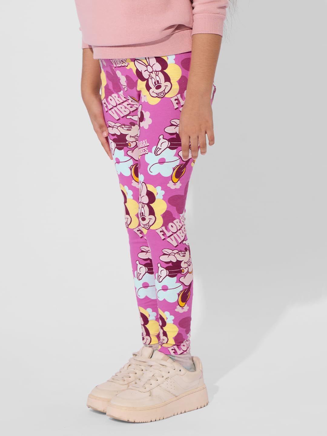 The Souled Store Official Disney: Bowtastic Printed Cotton Leggings for Girls Pink