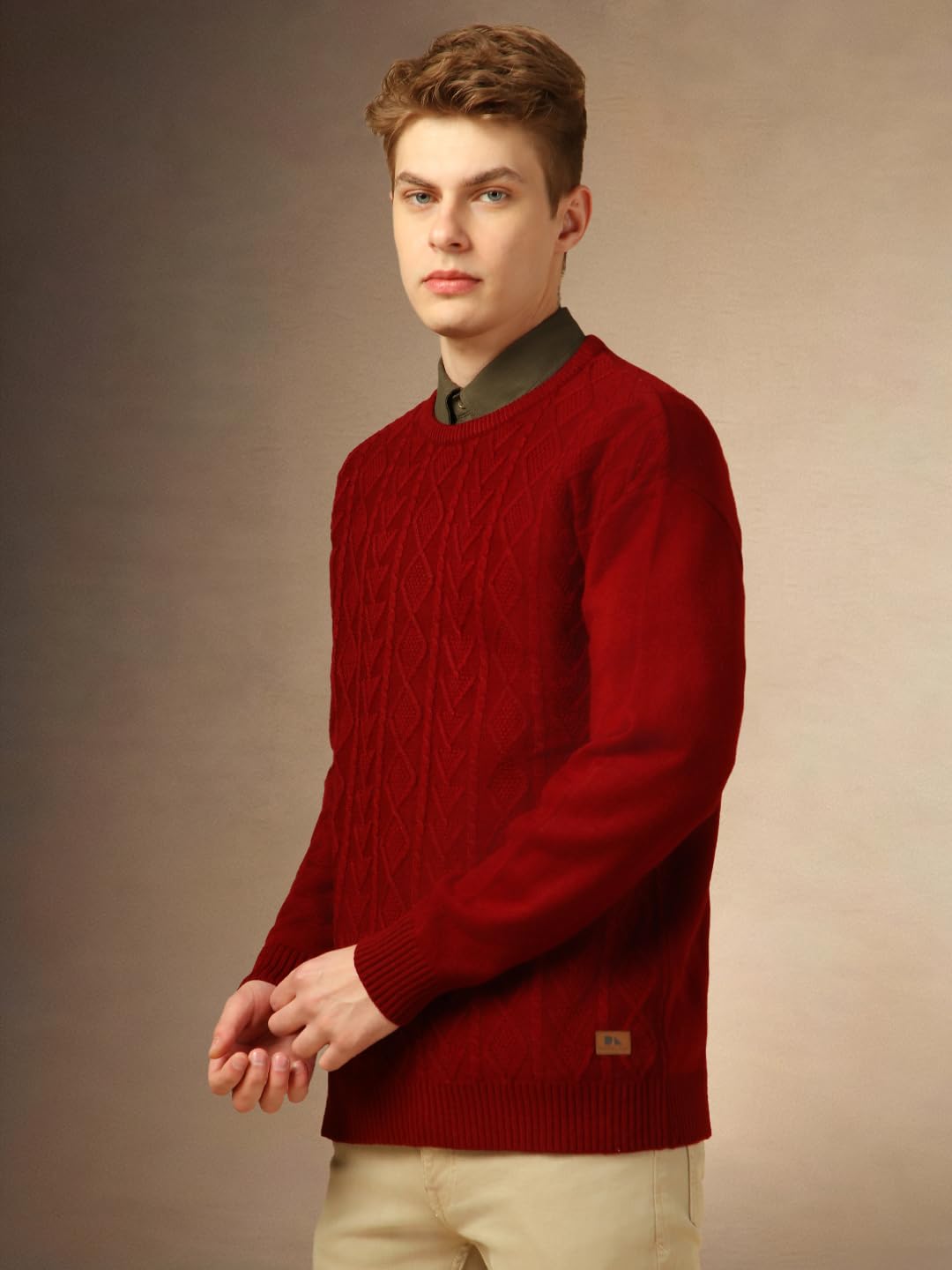 Dennis Lingo Men Regular Fit Acrylic Full Sleeves Solid Sweaters Maroon