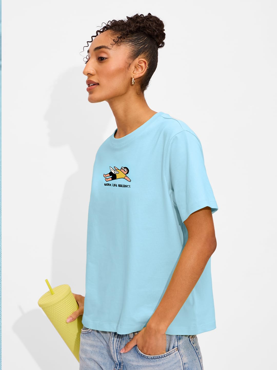 The Souled Store Relaxed T-Shirt: Work Life Balance Women and Girls Short Sleeves Round Neck Blue Graphic Printed Cotton Relaxed