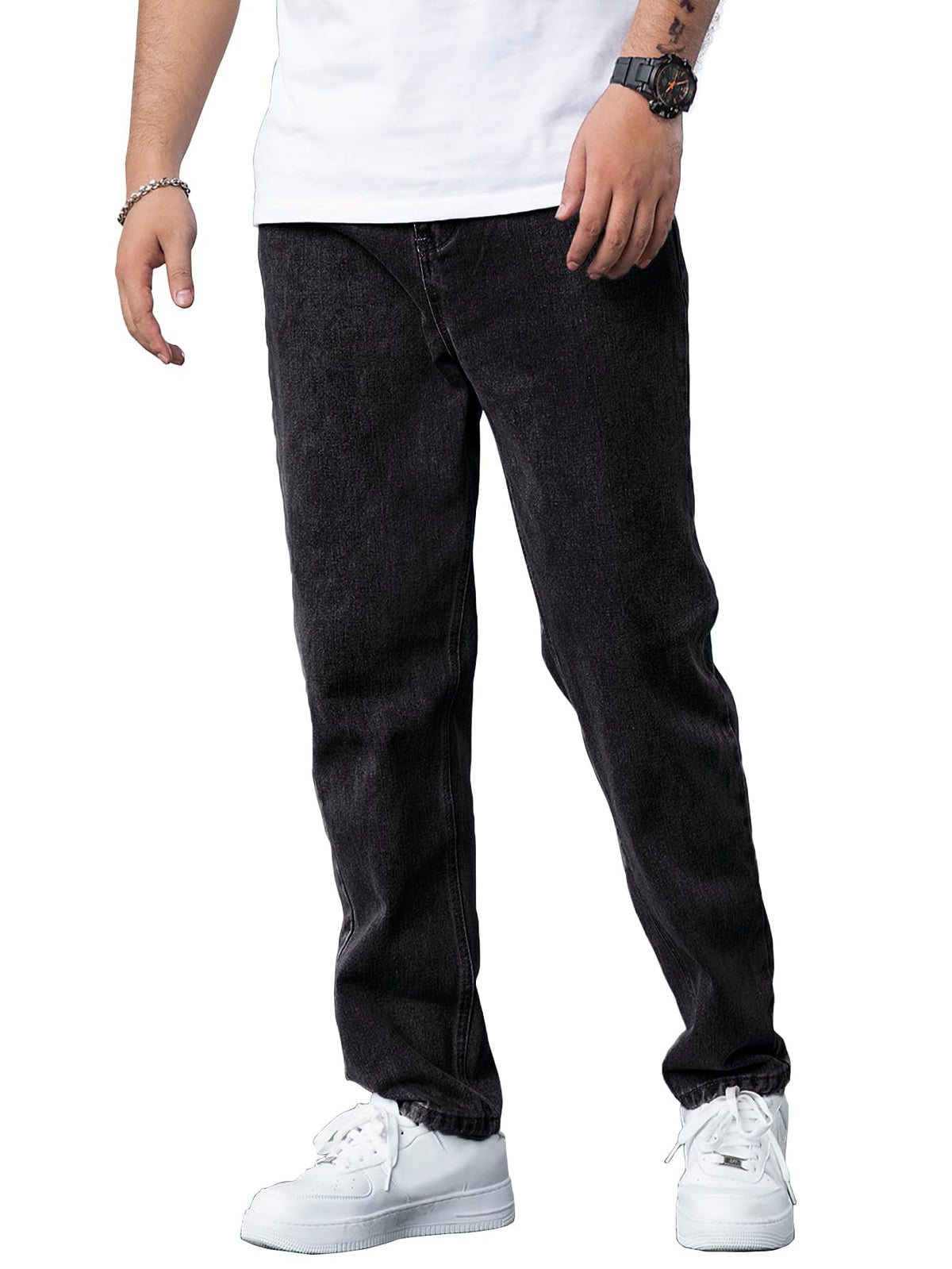 AVANOVA Mens Black Slant Pocket Wide Leg Jeans Casual Loose Fit Denim Pants, Cotton Blend Trousers with Slant Pockets for Daily