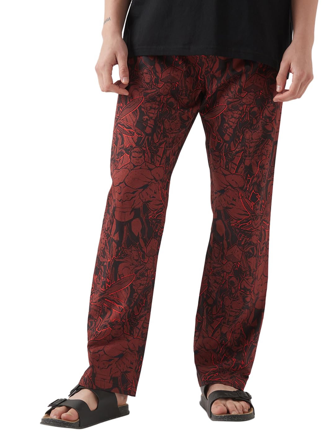 Bewakoof Official Marvel Merchandise Mens All Over Printed Regular Fit Poplin Cotton Pyjamas_ 642183_ Red_ XL