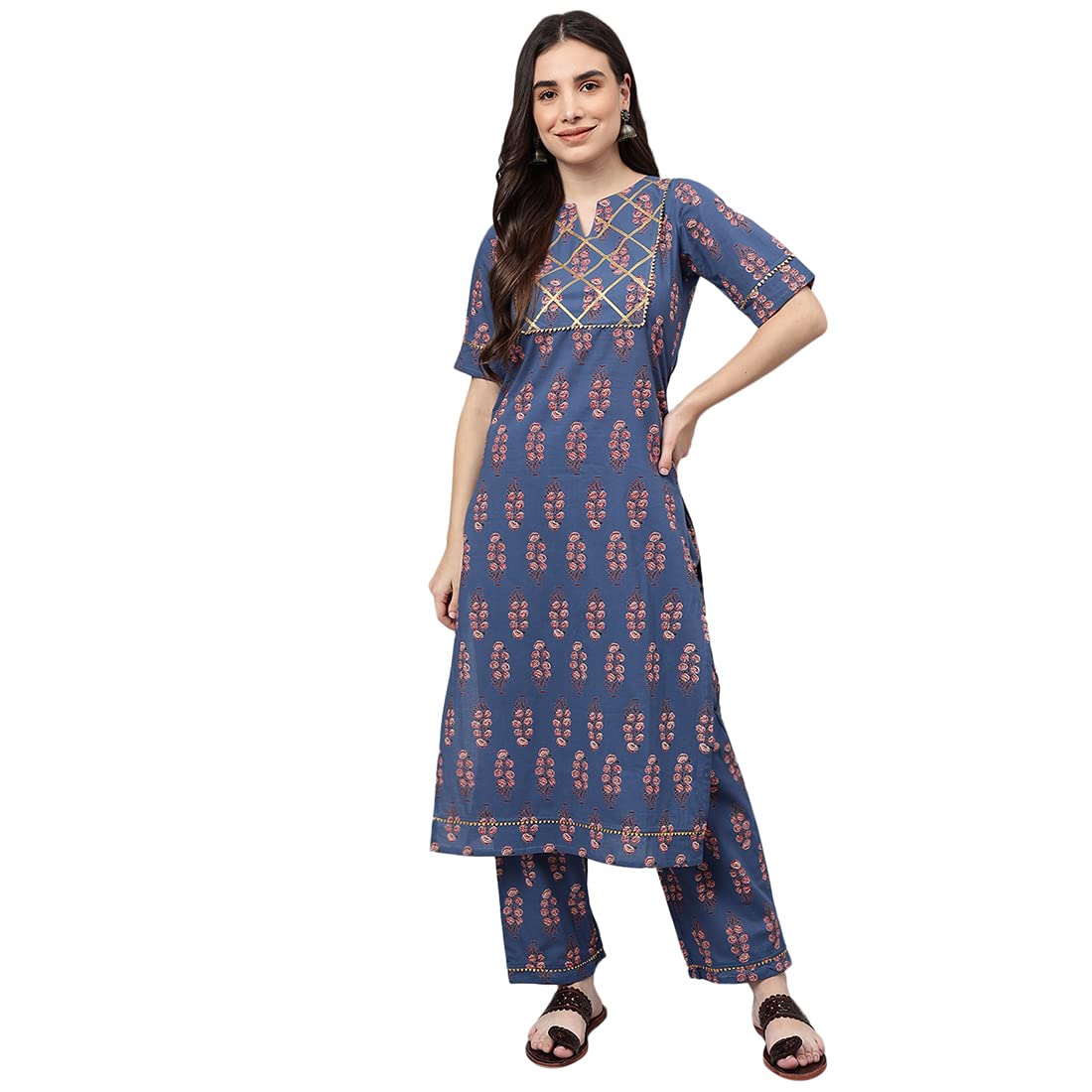 idaLia Printed Cotton Kurta Pant Set Kurta Set for Women with Elbow Sleeves, Round Neck, Calf-Length Straight Kurta Online