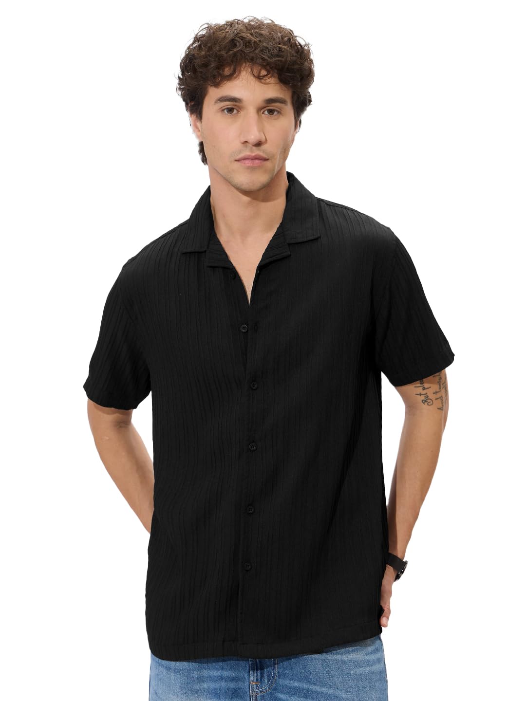 The Souled Store Solids: Black Men and Boys Short Sleeves Collared Neck Button Front Regular Fit Polyester Textured Shirts