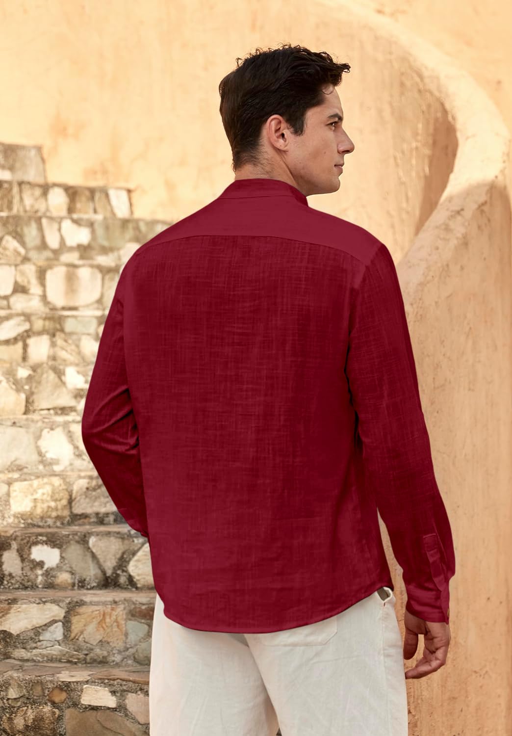 Zombom MenS Solid Cotton Blend Straight Kurta Shirt, Regular Fit Full Sleeve Short Kurta Shirt Maroon