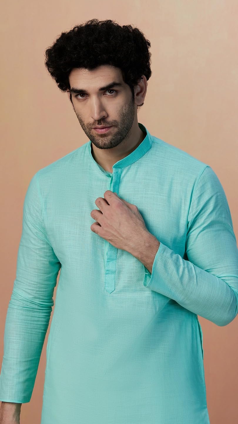 Manyavar Mens Green Cotton Solid Kurta Pyjama Set