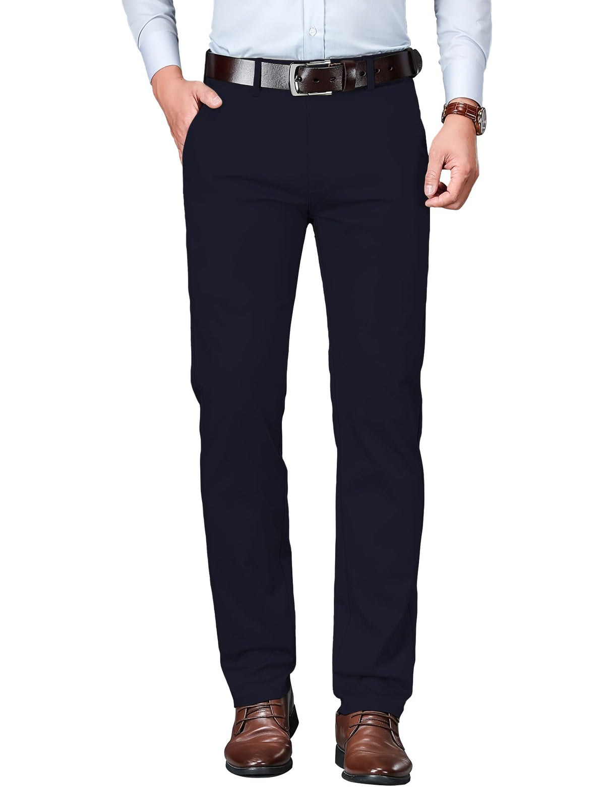 AVANOVA Mens Navy Blue Solid Trousers Light Business Style Slightly Stretch Straight Leg Pants for Outdoor Casual Daily (Trouse