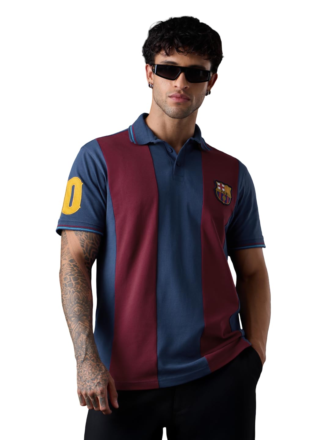 The Souled Store FC Barcelona: Retro Men and Boys Short Sleeve Spread Collar Navy Blue and Maroon Colour-Block Embroidered Cotto