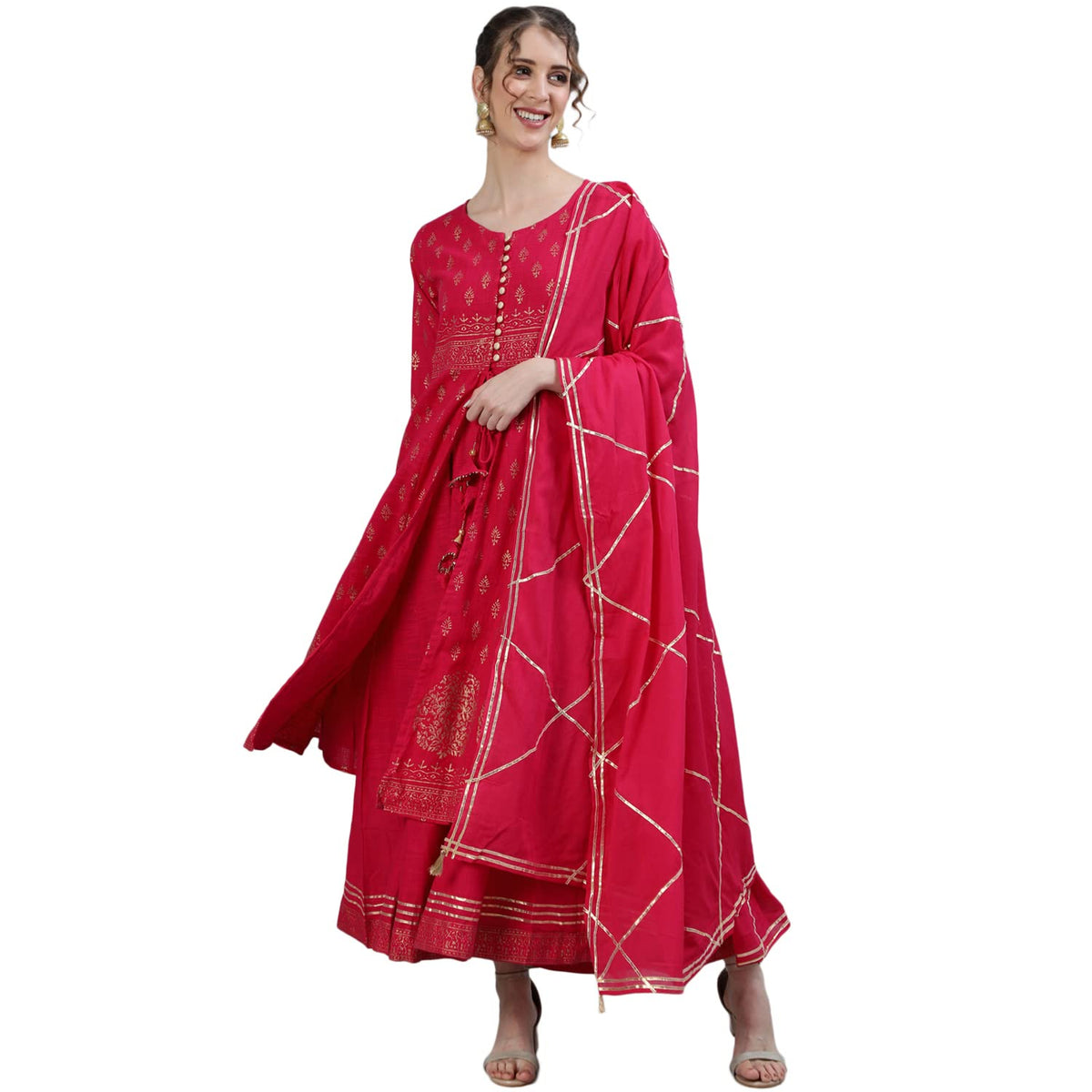 ishin Womens Cotton Anarkali Embellished Gotta Patti Ethnic Motifs Print Pink Kurti with Dupatta & Jacket