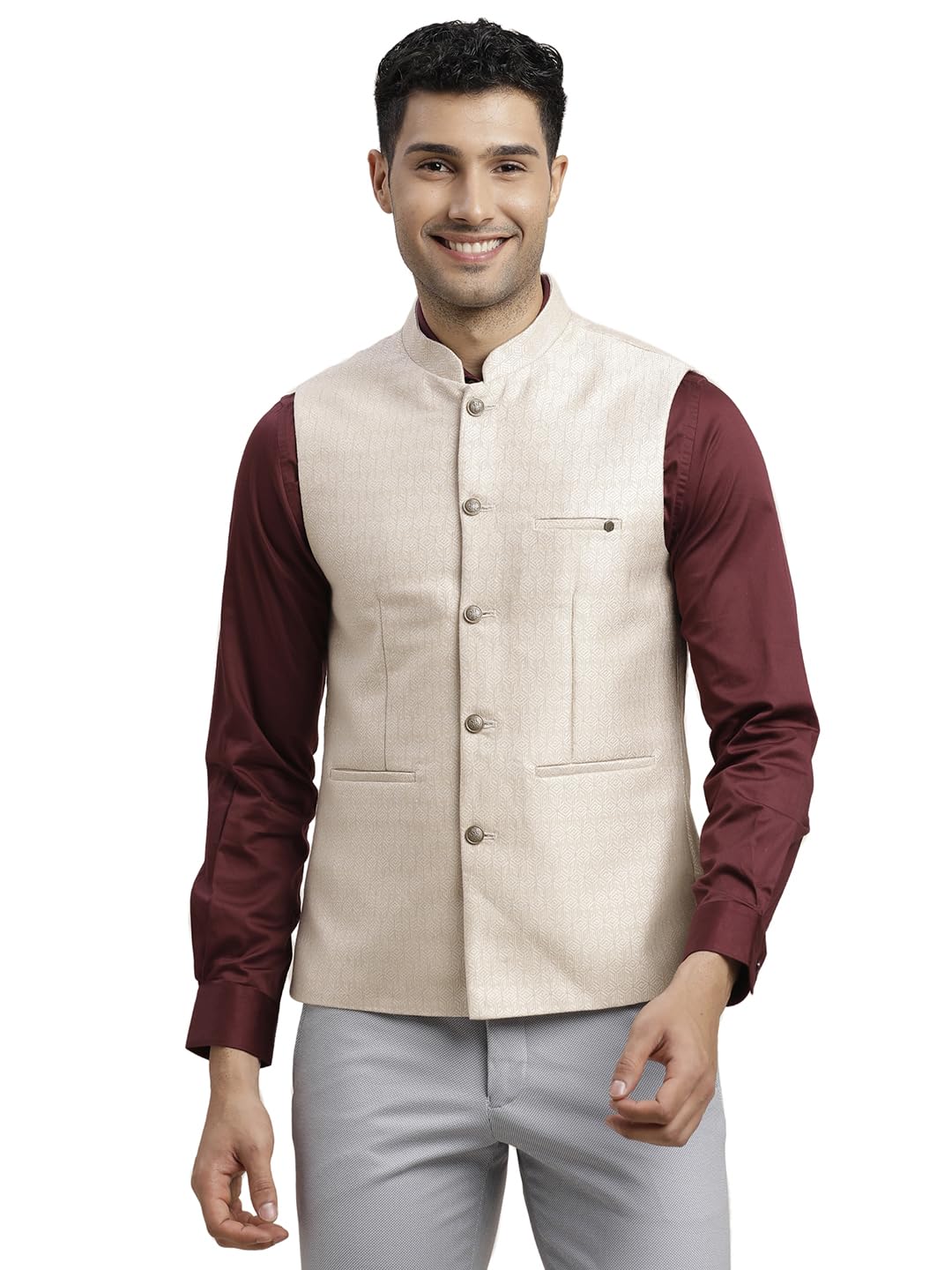 Turtle Men Poly Cotton Self Design Slim Fit Grey Nehru Jacket