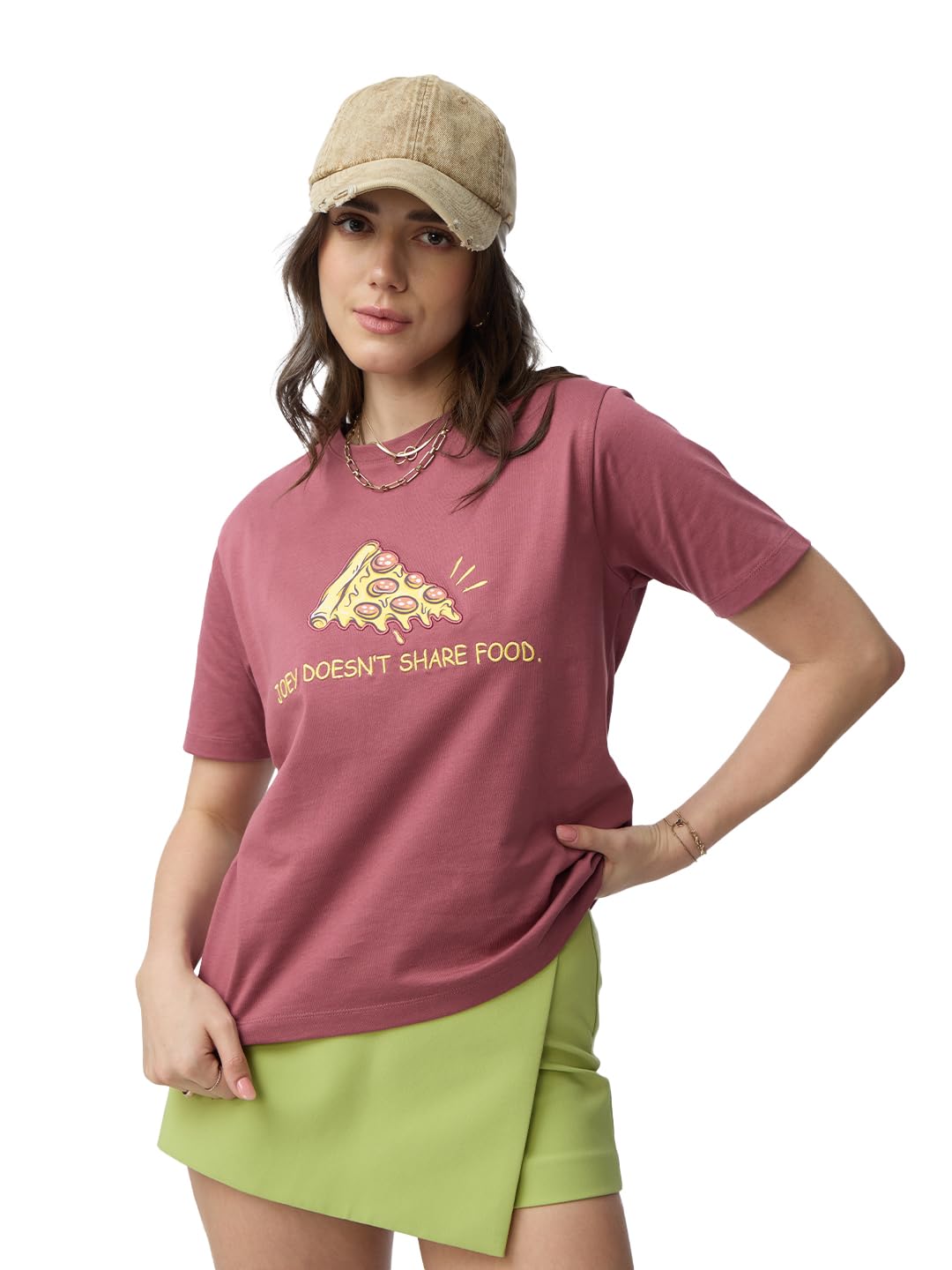 The Souled Store Friends: Joeys Pizza Women and Girls Short Sleeves Round Neck Pink Embroidered Cotton Relaxed Fit T-Shirts